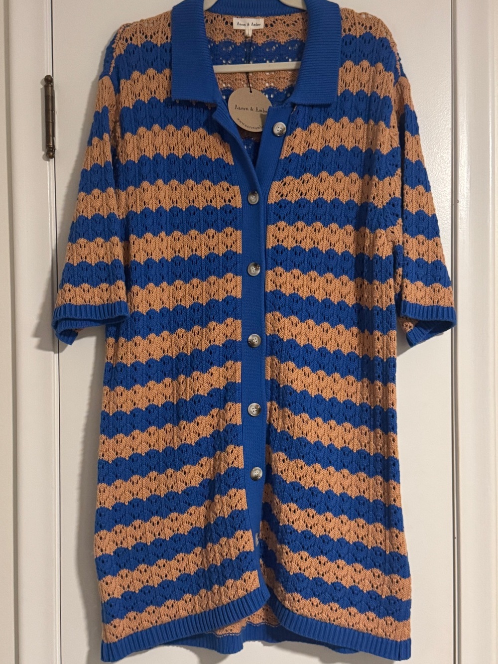 Aaron & Amber Blue and Tan Striped Women's Sweater Dress (SIZE: Large)